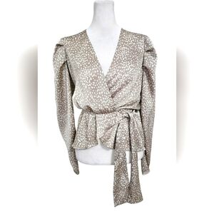 EXPRESS Satin Polka Dot Print V Neck Puff Sleeve Wrap Tie Blouse.Taupe/white.XS